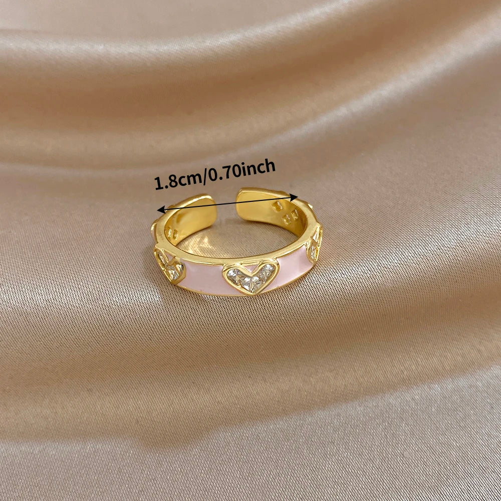 ALLYES Romantic Enamel Heart Zirconia Open Ring for Women Exquisite Gold Plated Copper Finger Rings Valentine's Day Gifts