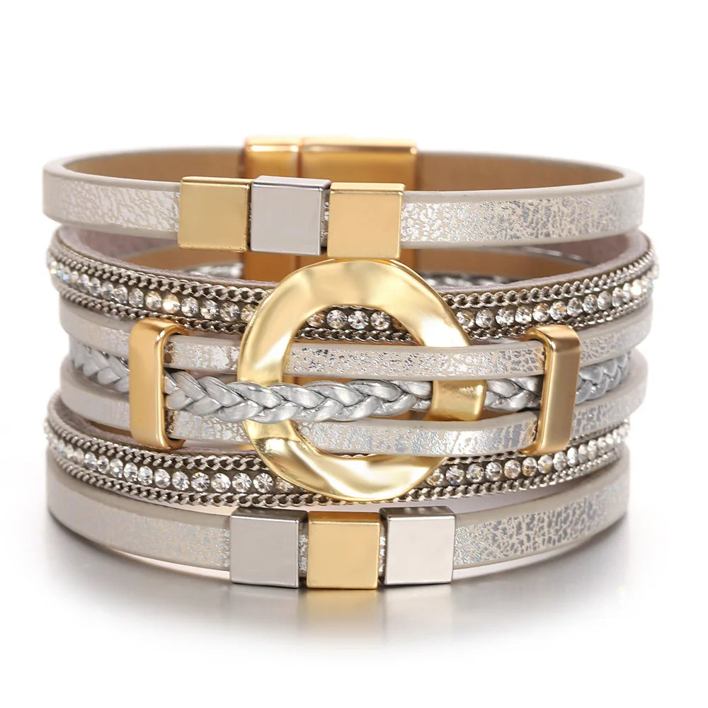ALLYES Boho Round Braided Leather Bracelet for Women Men Vintage Multilayer Wrap Wide Bracelets & Bangles Party Jewelry Gifts