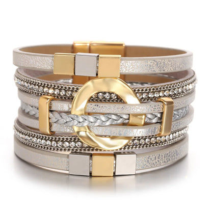 ALLYES Boho Round Braided Leather Bracelet for Women Men Vintage Multilayer Wrap Wide Bracelets & Bangles Party Jewelry Gifts