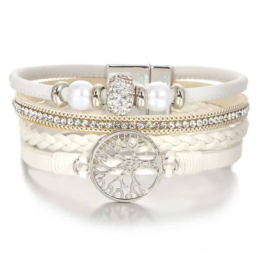 ALLYES Tree of Life Rhinestone Beads Pearl Leather Bracelets for Women Charm Bohemian Multilayer Wrap Bracelet Halloween Jewelry