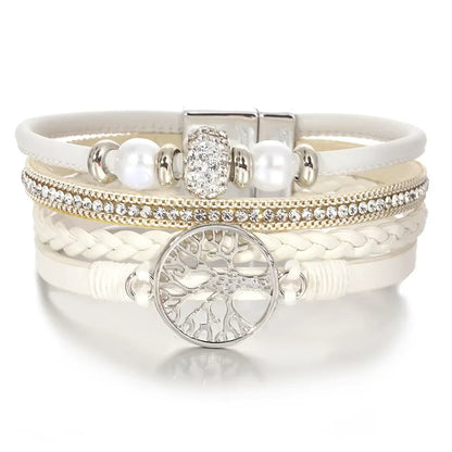 ALLYES Tree of Life Rhinestone Beads Pearl Leather Bracelets for Women Charm Bohemian Multilayer Wrap Bracelet Halloween Jewelry