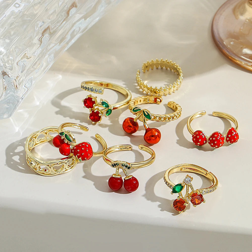 ALLYES Fashion Gold Plated Copper Rings for Women Cute Enamel Cherry Strawberry Crystal Fruit Finger Ring Jewelry Gifts