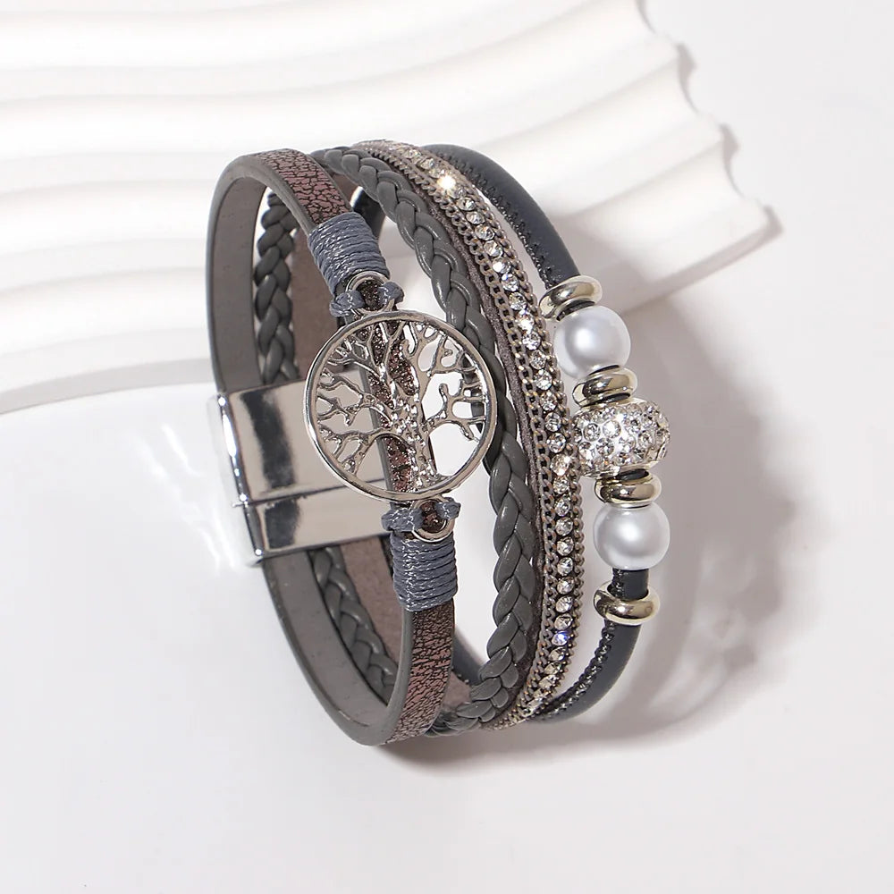 ALLYES Tree of Life Rhinestone Beads Pearl Leather Bracelets for Women Charm Bohemian Multilayer Wrap Bracelet Halloween Jewelry