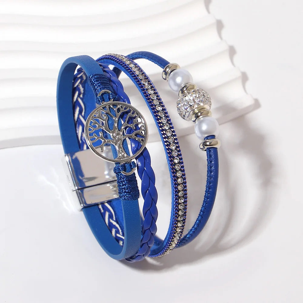 ALLYES Tree of Life Rhinestone Beads Pearl Leather Bracelets for Women Charm Bohemian Multilayer Wrap Bracelet Halloween Jewelry