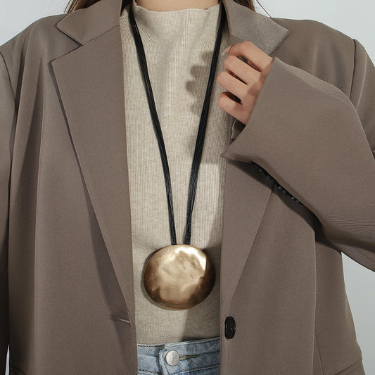 ALLYES Vintage Big Round Pendant Necklace for Women Chunky Gold Silver Color Matte Metal Leather Necklaces Sweater Chain Jewelry