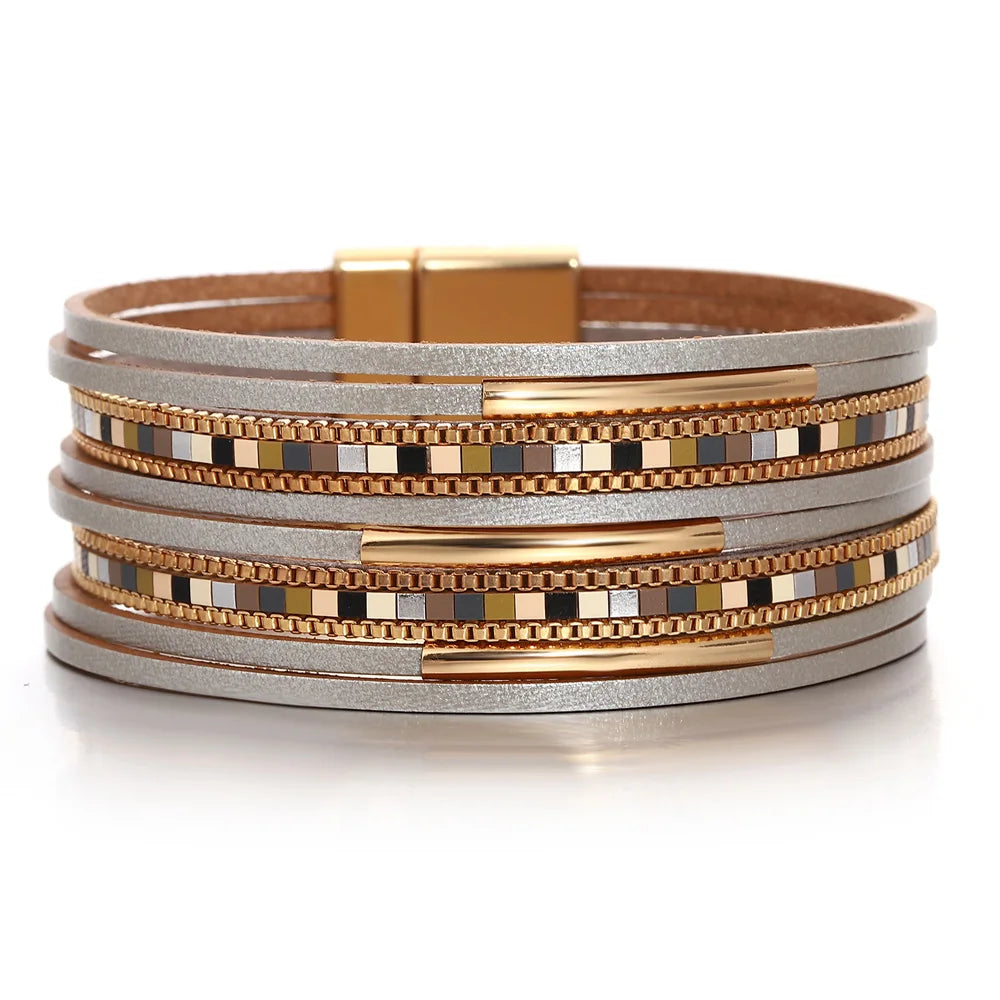 ALLYES Trendy Colorful Square Leather Bracelet for Women Men Boho Metal Tube Multilayer Wrap Wide Bracelets Charm Party Jewelry