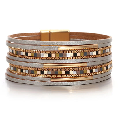ALLYES Trendy Colorful Square Leather Bracelet for Women Men Boho Metal Tube Multilayer Wrap Wide Bracelets Charm Party Jewelry