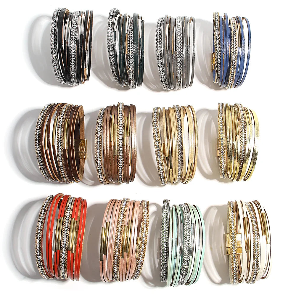 ALLYES Vintage Multilayer Wrap Leather Bracelet for Women Charm Rhinestone Metal Tube Wide Bangle Bracelets Party Jewelry Gifts