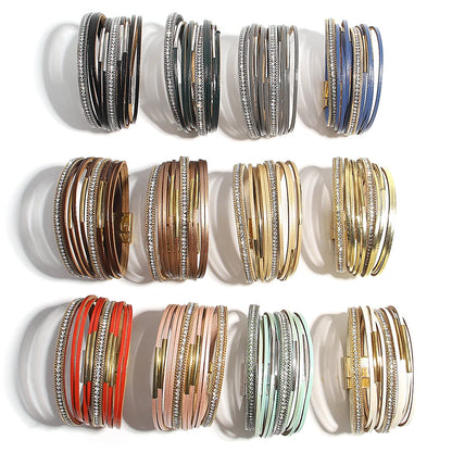 ALLYES Vintage Multilayer Wrap Leather Bracelet for Women Charm Rhinestone Metal Tube Wide Bangle Bracelets Party Jewelry Gifts