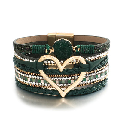 ALLYES Metal Love Heart Charm Leather Bracelets for Women Fashion Rhinestone Braided Wrap Bracelet Bangle Female Jewelry Gfits