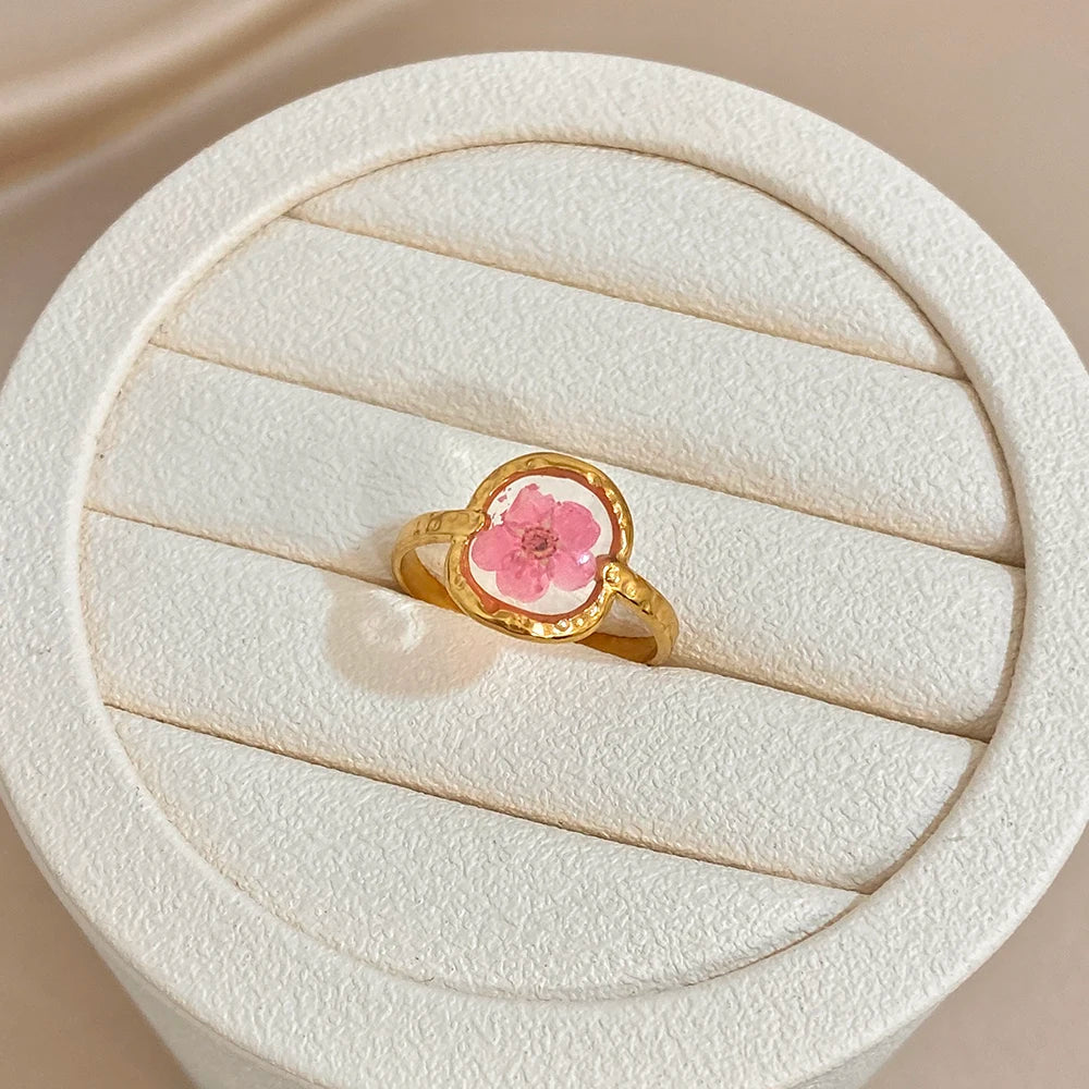 ALLYES Vintage Natural Rose Red Flower Open Rings for Women Elegant Gold Plated Stainless Steel Finger Ring Party Jewelry Gifts