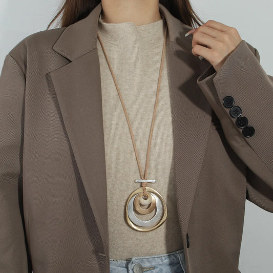 ALLYES Gold Color Multilayer Metal Circles Pendant Necklaces for Women Fashion Long Sweater Chain Collar Necklace Female Jewelry