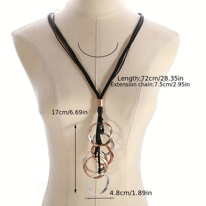 ALLYES Vintage Textured Two Tone Circle Tassel Pendant Necklace Chunky Multilayer Black Leather Necklaces Sweater Chain