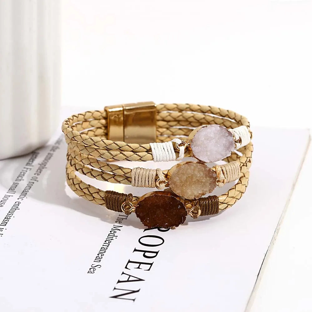 ALLYES Vintage Natural Stones Leather Bracelet for Women Men Boho Handmade Braided Multilayer Winding Wrap Bracelets Jewelry