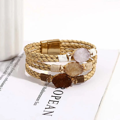 ALLYES Vintage Natural Stones Leather Bracelet for Women Men Boho Handmade Braided Multilayer Winding Wrap Bracelets Jewelry