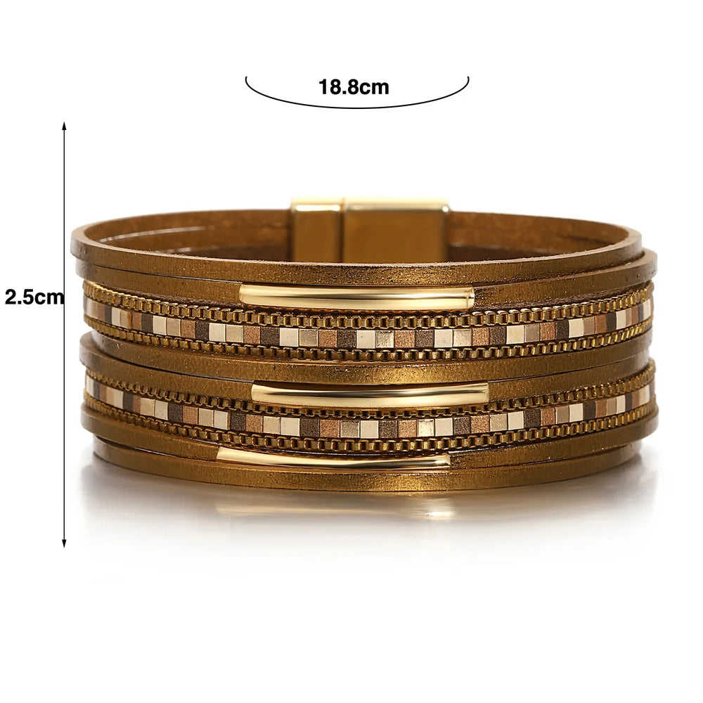 ALLYES Trendy Colorful Square Leather Bracelet for Women Men Boho Metal Tube Multilayer Wrap Wide Bracelets Charm Party Jewelry