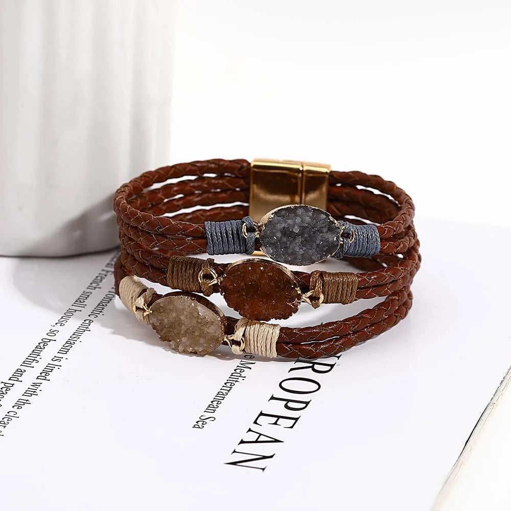 ALLYES Vintage Natural Stones Leather Bracelet for Women Men Boho Handmade Braided Multilayer Winding Wrap Bracelets Jewelry