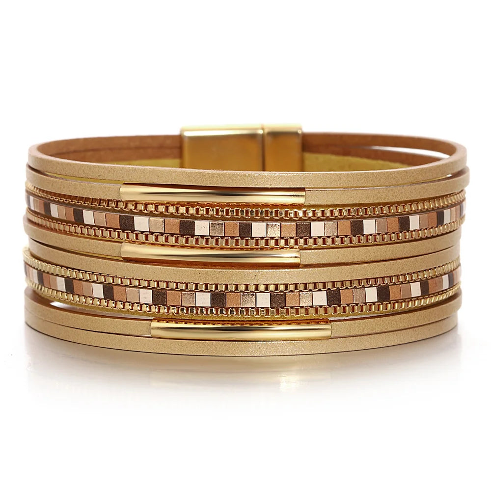 ALLYES Trendy Colorful Square Leather Bracelet for Women Men Boho Metal Tube Multilayer Wrap Wide Bracelets Charm Party Jewelry
