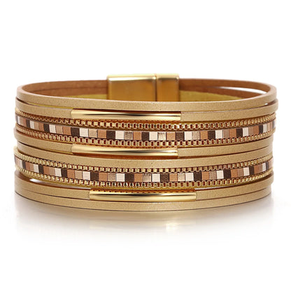 ALLYES Trendy Colorful Square Leather Bracelet for Women Men Boho Metal Tube Multilayer Wrap Wide Bracelets Charm Party Jewelry