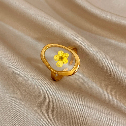 ALLYES Vintage Natural Yellow Flower Open Rings for Women Elegant Gold Plated Stainless Steel Finger Ring Party Jewelry Gifts
