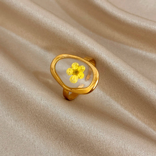 ALLYES Vintage Natural Yellow Flower Open Rings for Women Elegant Gold Plated Stainless Steel Finger Ring Party Jewelry Gifts