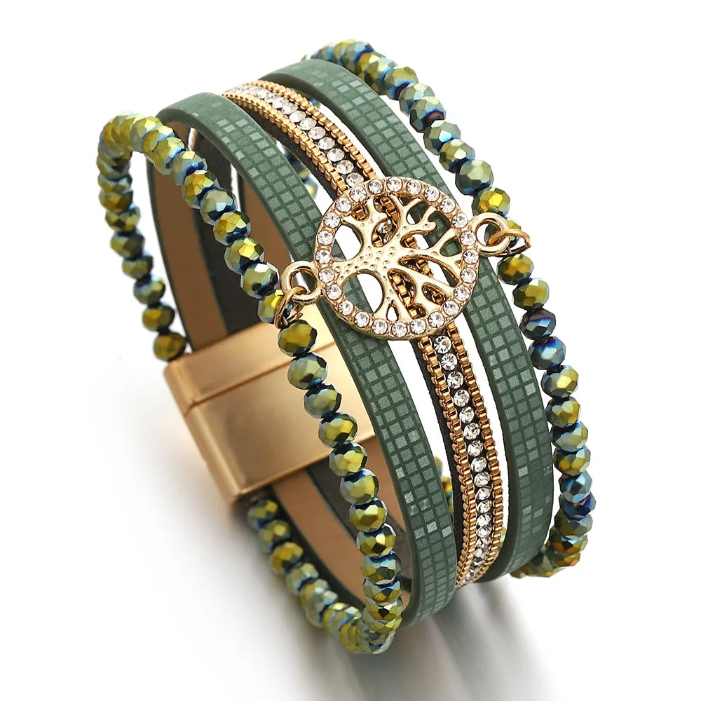 ALLYES Vintage Tree of Life Leather Bracelet for Women Multilayer Crystal Beads Chain Wrap Bracelets & Bangles Party Jewelry