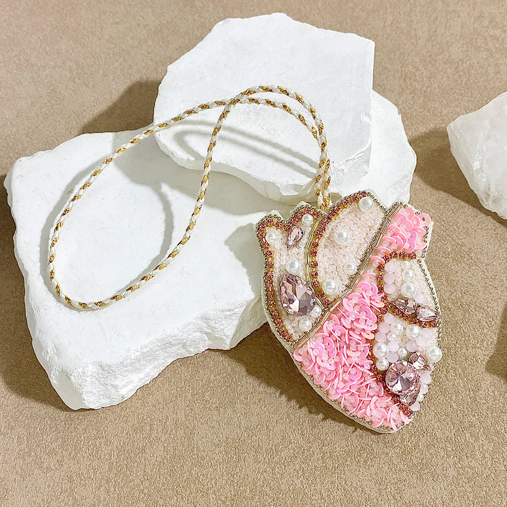 ALLYES Chic Pink Red Seed Beads Sequins Hand-sewn Heart Keychain Fashion Mobile Phone Handbag Hanging Charms Keyring Accessories