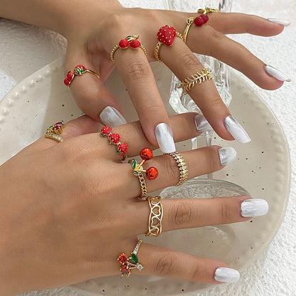 ALLYES Fashion Gold Plated Copper Rings for Women Cute Enamel Cherry Strawberry Crystal Fruit Finger Ring Jewelry Gifts