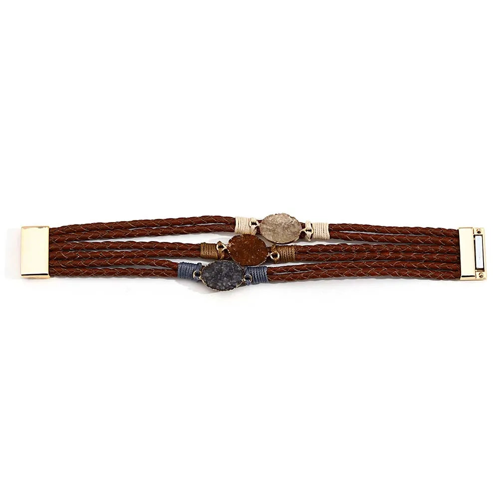 ALLYES Vintage Natural Stones Leather Bracelet for Women Men Boho Handmade Braided Multilayer Winding Wrap Bracelets Jewelry