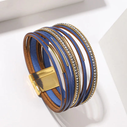 ALLYES Vintage Multilayer Wrap Leather Bracelet for Women Charm Rhinestone Metal Tube Wide Bangle Bracelets Party Jewelry Gifts