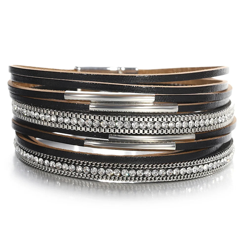 ALLYES Vintage Multilayer Wrap Leather Bracelet for Women Charm Rhinestone Metal Tube Wide Bangle Bracelets Party Jewelry Gifts