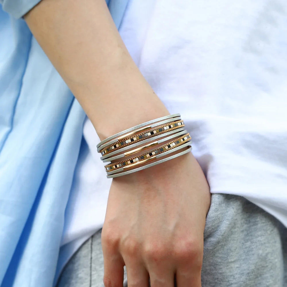 ALLYES Trendy Colorful Square Leather Bracelet for Women Men Boho Metal Tube Multilayer Wrap Wide Bracelets Charm Party Jewelry
