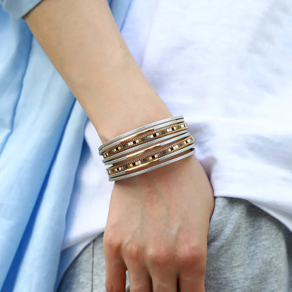 ALLYES Trendy Colorful Square Leather Bracelet for Women Men Boho Metal Tube Multilayer Wrap Wide Bracelets Charm Party Jewelry