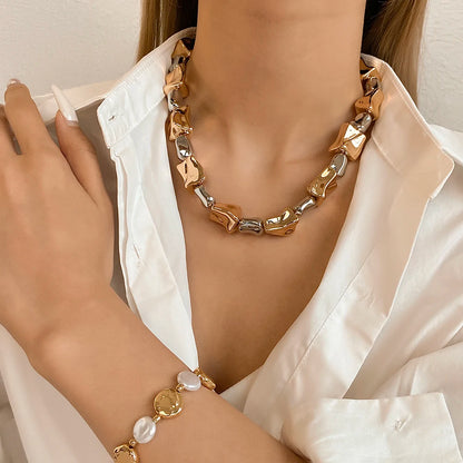 ALLYES Irregular Two Tone Geometric Beads Necklaces for Women Y2K Punk Rock Gold Color Thick Chain Necklace Choker Party Jewelry