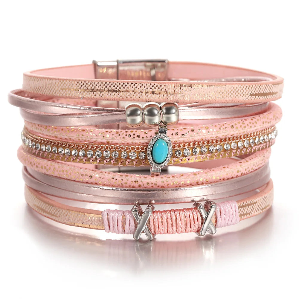 ALLYES Fashion Beads Cross Leather Bracelet for Women Men Chunky Rhinestone Chain Multilayer Wrap Wide Bracelets Party Jewelry
