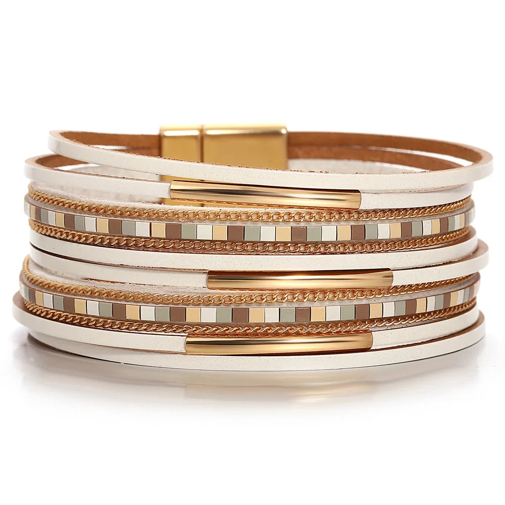 ALLYES Trendy Colorful Square Leather Bracelet for Women Men Boho Metal Tube Multilayer Wrap Wide Bracelets Charm Party Jewelry