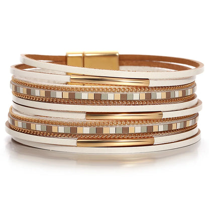 ALLYES Trendy Colorful Square Leather Bracelet for Women Men Boho Metal Tube Multilayer Wrap Wide Bracelets Charm Party Jewelry