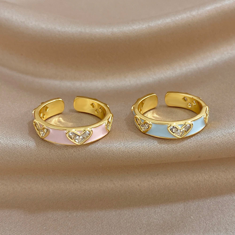 ALLYES Romantic Enamel Heart Zirconia Open Ring for Women Exquisite Gold Plated Copper Finger Rings Valentine's Day Gifts