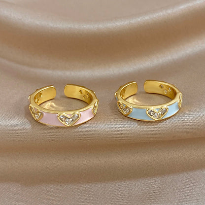 ALLYES Romantic Enamel Heart Zirconia Open Ring for Women Exquisite Gold Plated Copper Finger Rings Valentine's Day Gifts
