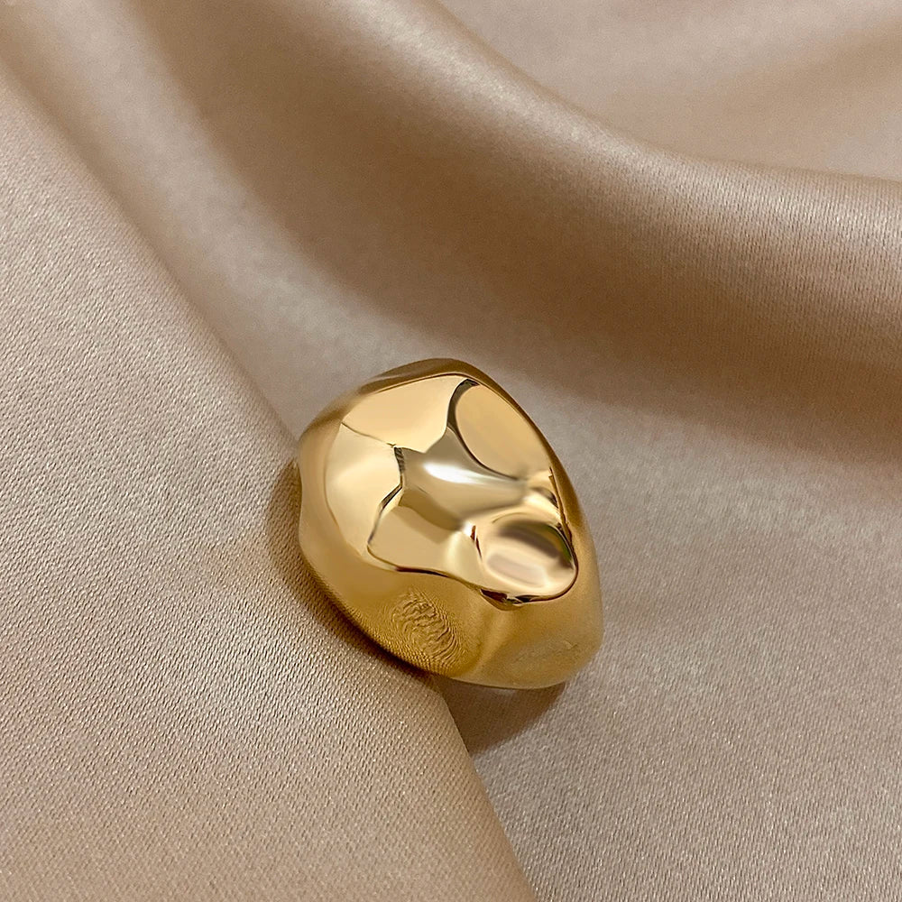 ALLYES Irregular Hammered Ball Shaped Stainless Steel Ring for Women Fashion Gold Color Chunky Finger Rings Waterproof Jewelry