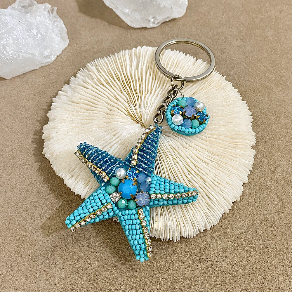 ALLYES Exquisite Seed Beads Hand-sewn Starfish Keychain, Trendy Mobile Phone Handbag Hanging, Flower Charms Keyring Accessories