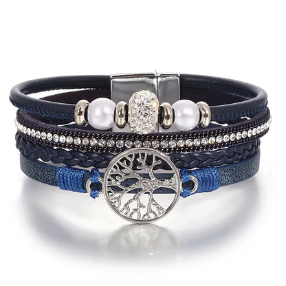 ALLYES Tree of Life Rhinestone Beads Pearl Leather Bracelets for Women Charm Bohemian Multilayer Wrap Bracelet Halloween Jewelry
