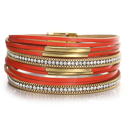 ALLYES Vintage Multilayer Wrap Leather Bracelet for Women Charm Rhinestone Metal Tube Wide Bangle Bracelets Party Jewelry Gifts