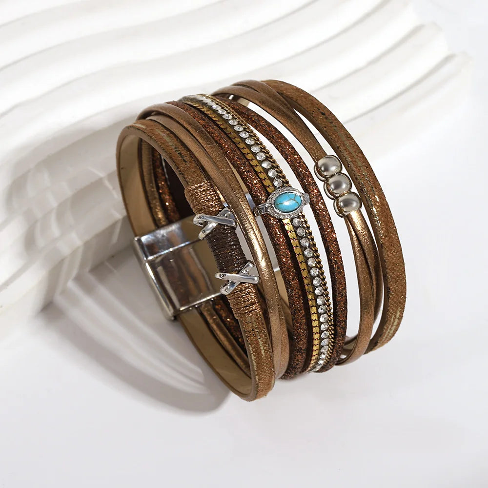 ALLYES Fashion Beads Cross Leather Bracelet for Women Men Chunky Rhinestone Chain Multilayer Wrap Wide Bracelets Party Jewelry
