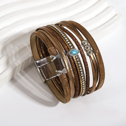 ALLYES Fashion Beads Cross Leather Bracelet for Women Men Chunky Rhinestone Chain Multilayer Wrap Wide Bracelets Party Jewelry