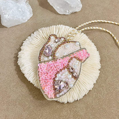 ALLYES Chic Pink Red Seed Beads Sequins Hand-sewn Heart Keychain Fashion Mobile Phone Handbag Hanging Charms Keyring Accessories