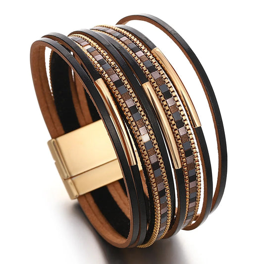 ALLYES Trendy Colorful Square Leather Bracelet for Women Men Boho Metal Tube Multilayer Wrap Wide Bracelets Charm Party Jewelry