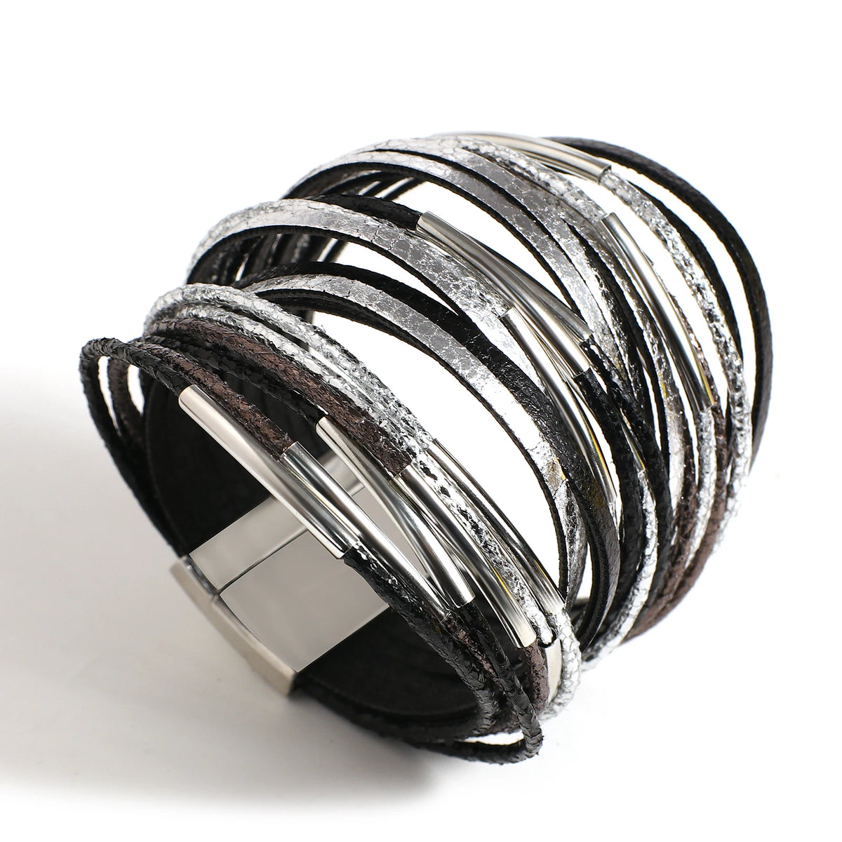 ALLYES Trendy Metal Tube Leather Bracelet for Women Men Chunky Glitter Filled Slim Multilayer Wrap Wide Bracelets Party Jewelry