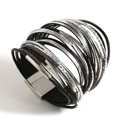 ALLYES Trendy Metal Tube Leather Bracelet for Women Men Chunky Glitter Filled Slim Multilayer Wrap Wide Bracelets Party Jewelry