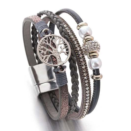 ALLYES Vintage Tree of Life Braided Leather Bracelet Boho Rhinestone Beads Pearl Colorful Cuff Bangle Bracelets for Women